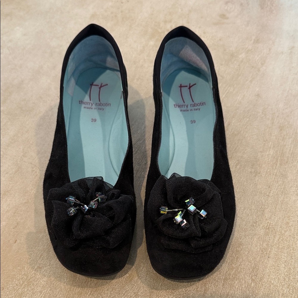 Thierry Rabotin Black Wedges with Floral Detail